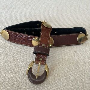 Brown Leather Crocodile And Leather Belt With Gold Accent Links